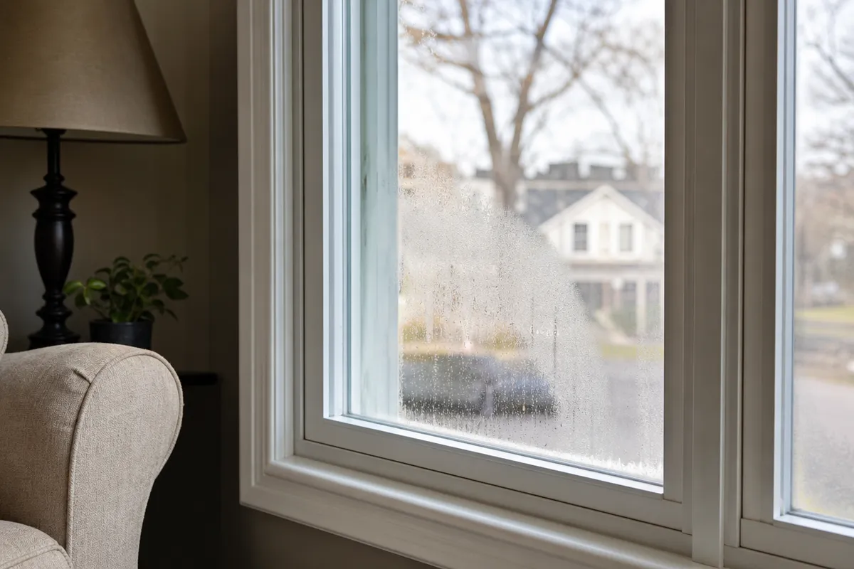 Double-pane window with condensation and fog trapped between the glass panes from a failed seal