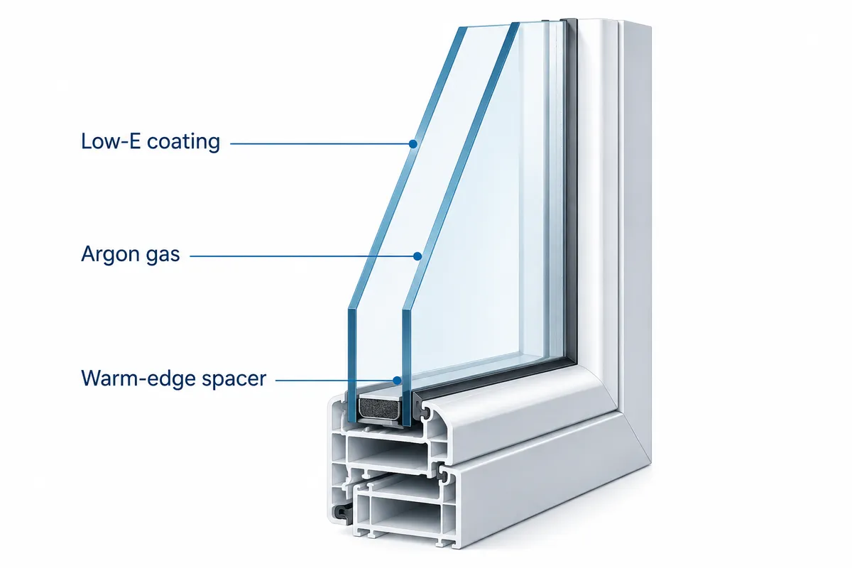 Cutaway diagram of an energy-efficient double-pane window showing the Low-E coating, argon gas fill, and warm-edge spacer