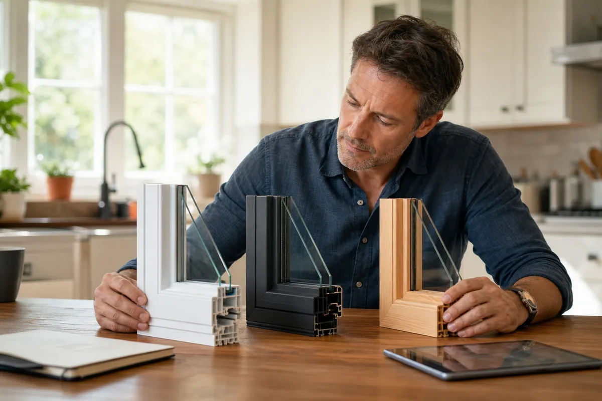 Homeowner comparing vinyl, fiberglass, and wood window frame corner samples at a kitchen table