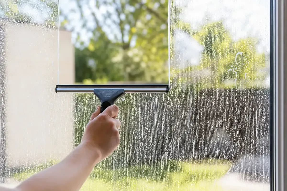 Hand pulling a squeegee down a soapy window leaving a streak-free strip of clean glass