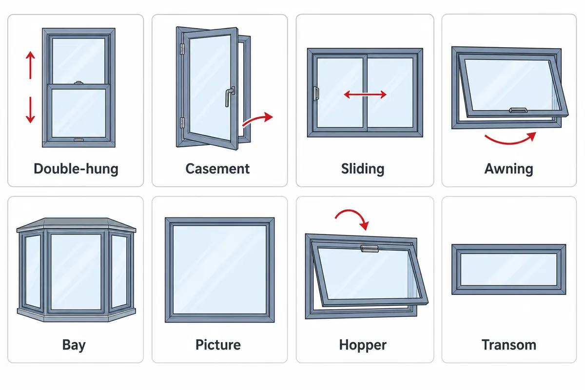 Illustrated grid of eight common window styles — double-hung, casement, sliding, awning, bay, picture, hopper, and transom — with arrows showing how each opens