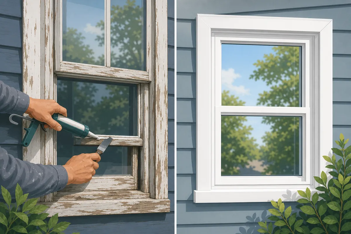 Split illustration comparing repairing an old peeling wooden window with installing a new vinyl replacement window