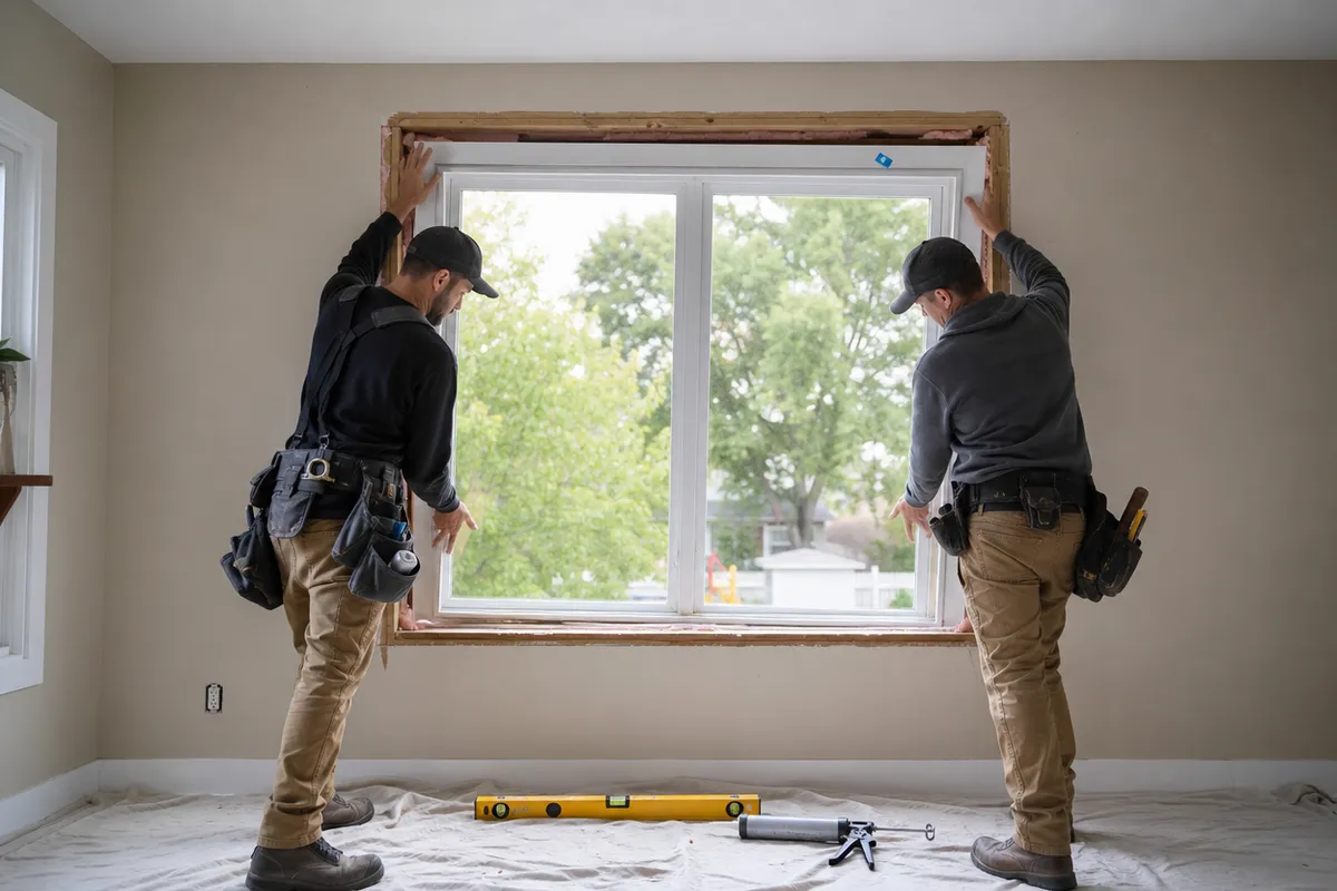 Two installers setting a new white vinyl replacement window into a prepared opening inside a home